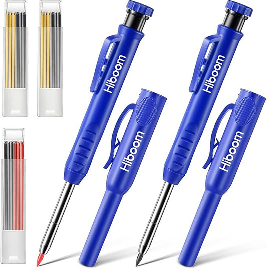 Hiboom 2 Pack Solid Carpenter Pencils with Pencil Cap and 18 Refills, Long Nose Deep Hole Mechanical Pencil Marker, Scribe Tool with Built-in Sharpener for Construction Woodworking Architect (Blue)