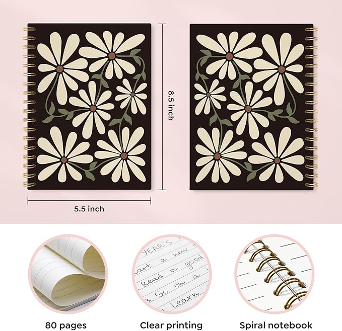 Boho Retro Flowers Spiral Notebook,Bohemian Wildflower Flower Market Lined Notebook Hardcover,College Ruled Notebook Journal for Writing,Boho Gifts for Women Student Teacher,5.5x8.3