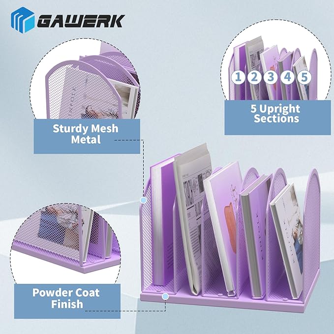 5-Section Vertical Desktop Organizer, 5-Section Mesh File Folder Stand Sorter for Office Home Classroom Organization (1, Purple)