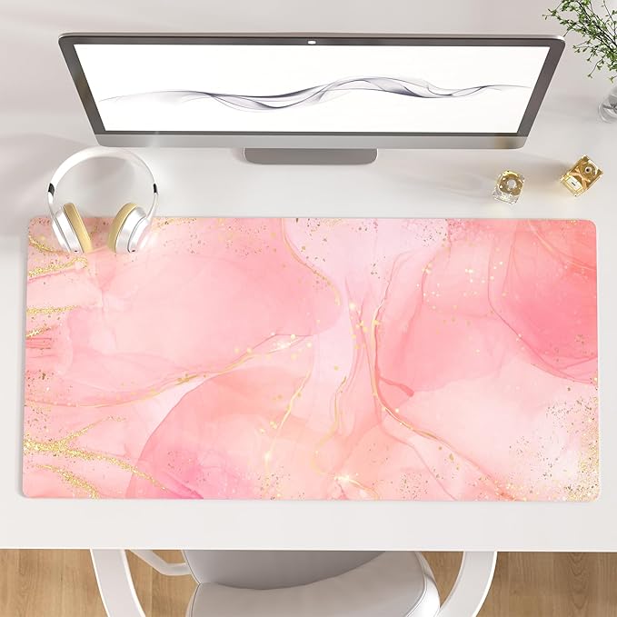 QIYI Large Mouse Pad, Extended Desk Mat for Desktop, PU Leather Waterproof Gaming Mousepad, Computer Desk Accessories Protector Writing Pads for School Office Home 31.5" x 15.7" - Dreamy Pink Marble