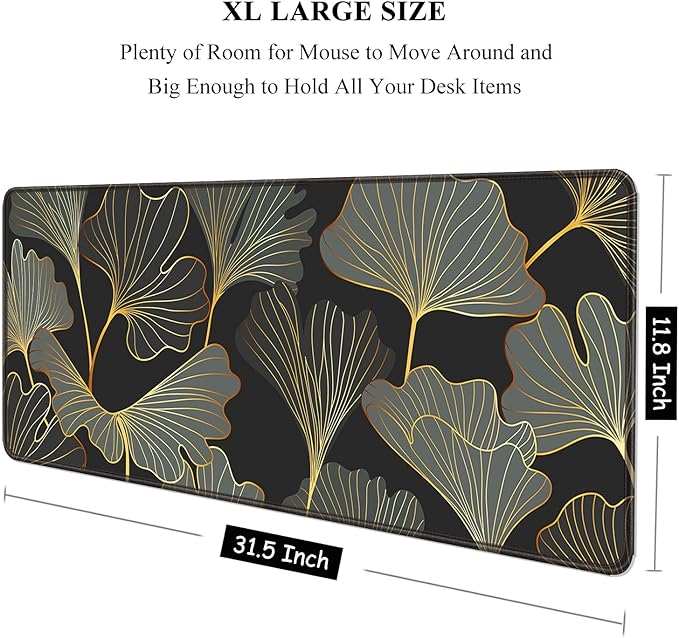 Auhoahsil Desk Pad, XL Extended Large Gaming Mouse Pad 31.5 x 11.8 Inch, Waterproof Mousepad with Stitched Edge, Non-Slip Computer Keyboard Laptop Mat for Women Men Office Work, Colorful Ginkgo Leaves