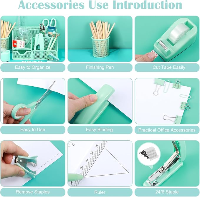 Green Desk Organizers and Accessories, Teal Office Supplies Set Green Mesh Desk Organizer, Stapler, Tape Dispenser, 1000 Staples, Staple Remover, Pen Holder, Clips Set, Ruler, Scissors