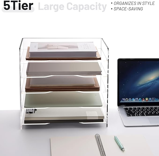 SANRUI Acrylic Desk File Organizer 5 Tier Letter Tray Paper Organizer with Handle for Office, Home, Classroom Clear Desk Organizer Document Holder