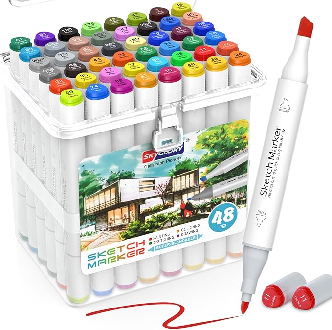 HOMESILMO-48 Color Double Head Alcohol Marker Set, Fine Chisel, Dual Effect Design, Art Marking, Professional Painting Marking, Adult Coloring Book | Coloring Marking | Painting |, Artist Set.