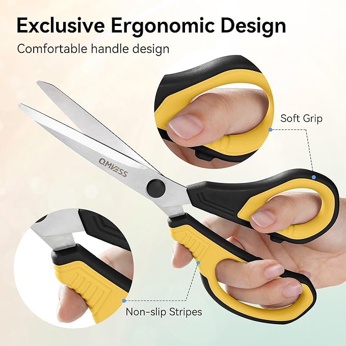 QMVESS 8.5" Scissors All Purpose 3 Pack, Ultra Sharp 2.5mm Thick Blade Scissors for Office, Professional Ergonomic Comfort Grip for Office School Home Fabric Sewing DIY Craft Cutting General Use