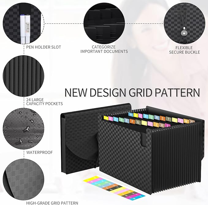 24 Pockets Accordion File Organizer,Document Organizer,Expanding File Folder Letter Size,Expandable Filing Box,Special Designed for Portable Use,Accordian Folders,Plastic (Grid Black)