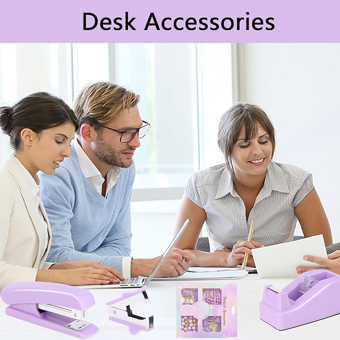 Office Supplies,Desk Accessories,Tape Holder,Stapler,Scissor,Staple Remover,Box of Binder Clips,Staples,Ballpoint Pen,Sticky Notes,Clear Tape,Ruler,Office Supplies Set Purple