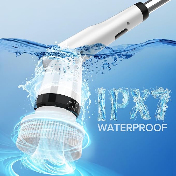 Electric Scrubber Brush, IPX7 Electric Scrubber for Shower, Electric Cleaning Brush Scrubber with 7 Replaceable Brush Heads & Retractable Handle, 2-Speed Adjustable Spin Cleaning Brush