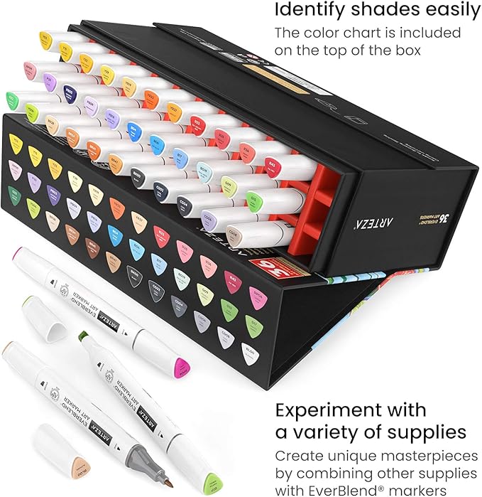ARTEZA Alcohol Art Markers, Set of 36 Colors, Tropical Tones, Everblend Sketch Pens in Organizer Box, Dual Tips