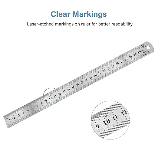 12 Inch Stainless Steel Ruler with Metric and Imperial Scales, Straight Edge Metal Ruler for Measuring Tools, 2-Pack