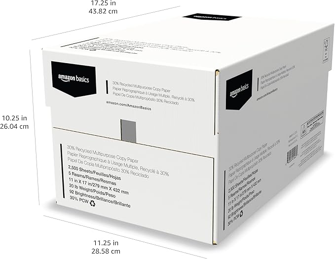 Amazon Basics 30% Recycled Multipurpose Copy Printer Paper, 11 x 17 Inches, 20 lb, 5 Ream, (2,500 Sheets), 92 Bright, White