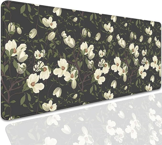 Magnolia Flowers Desk Pad Mouse Pad,Large Floral Mouse Mat with Stitched Edges,Non-Slip Rubber Base Black Mousepad for Office PC Keyboard Laptop and Home Work Desk Mat(27.5X11.8 in)