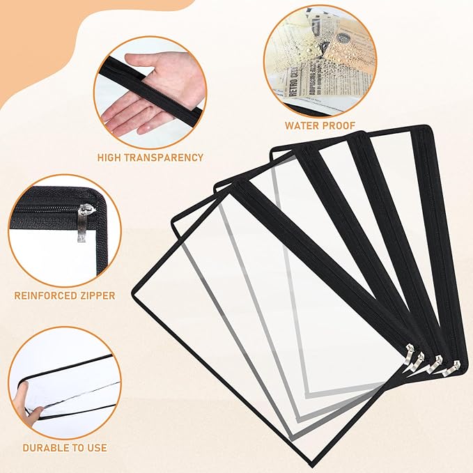 Outus 8 Pcs Clear Zipper Pouches Pencil Pouches PVC Makeup Pouch Envelopes Folder Storage Multi Purpose Pouch Document File Organization Bags, Office Supplies (Black Edging,15.3 x 10.8 Inch)