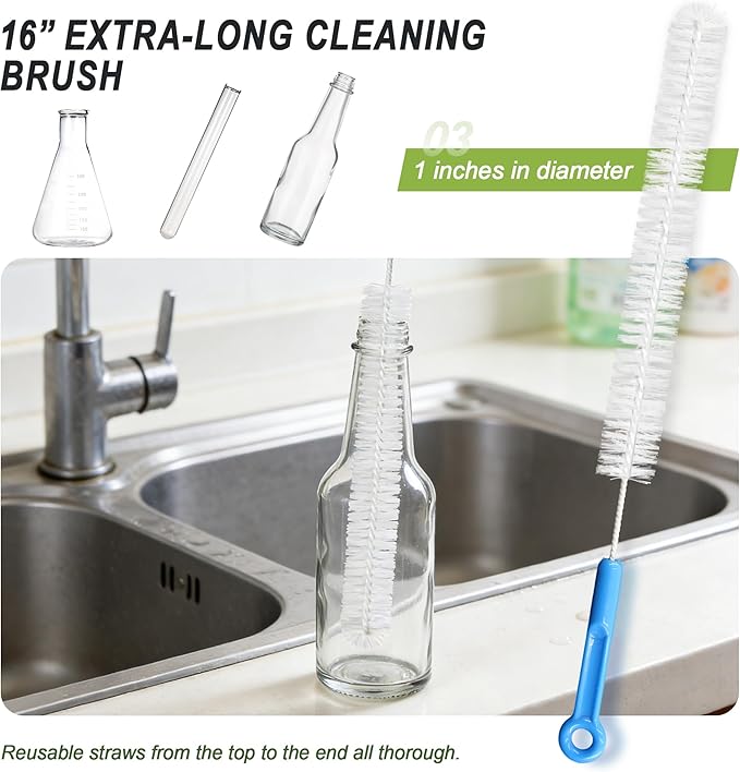 9Pcs Bottle Cleaning Brush Set with Long Handle, Nylon Tube Brush Cup Cleaner, Straw Brushes for Washing Narrow Neck Water Bottle Pipes Kettle Spout Cleaning