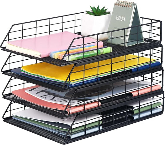 Tunnkit 4 Pack Stackable Letter Tray Paper Organizer, Metal Desk Organizer Tray for Letter/A4 Paper Storage, Suitable for Office, School, Home, Black