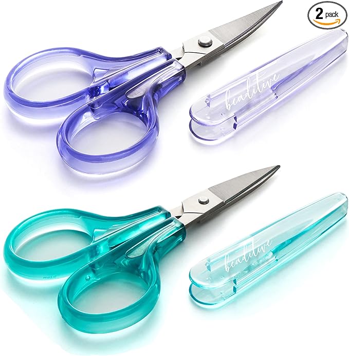 Beaditive Detail Craft Scissors Set (2 Pc.) Curved and Straight, Sharp, Compact | Sewing, Embroidery, Paper Cutting, Crafting | Stainless Steel | Protective Cover (Green)