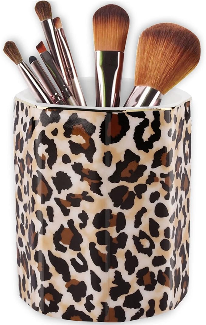 Jwest Pen Holder, Makeup Brush Holder Ceramic Shiny Gold Leopard Cheetah Pattern Animal Pencil Cup for Girls Women Durable Stand Desk Organizer Storage Gift for Office, Classroom, Home Light Brown