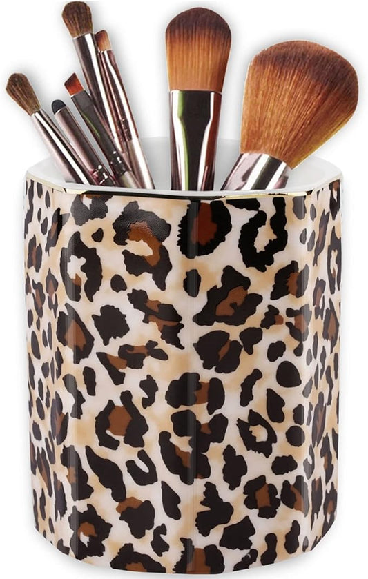 Jwest Pen Holder, Makeup Brush Holder Ceramic Shiny Gold Leopard Cheetah Pattern Animal Pencil Cup for Girls Women Durable Stand Desk Organizer Storage Gift for Office, Classroom, Home Light Brown