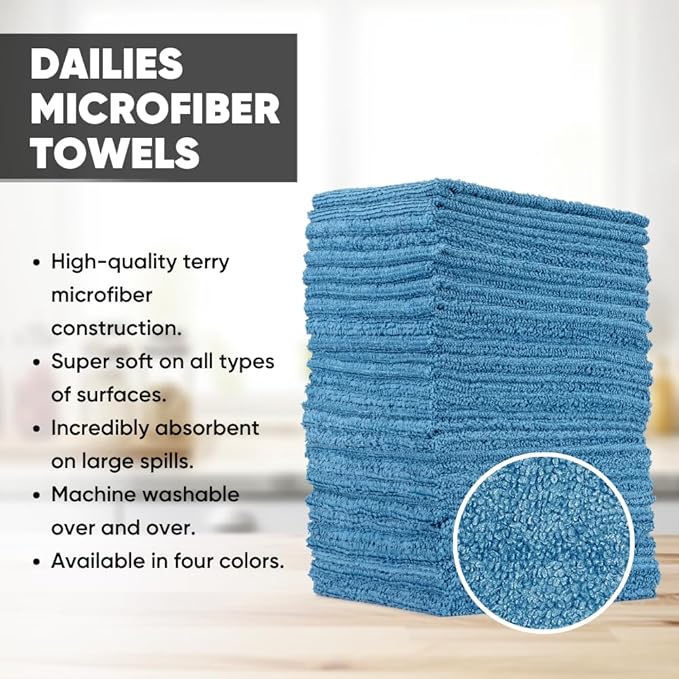 Microfiber Wholesale Dailies Microfiber Cleaning Cloths | 60-Pack (Blue) 12"x10" | Fits TowelNest Dispenser | Reusable, Absorbent, Washable | Eco-Friendly Paper Towel Alternative