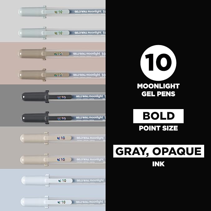 SAKURA Gelly Roll Moonlight 10 Gel Pens - Bold Ink Pen for Journaling, Art, or Drawing - Gray & Opaque Ink - Bold Line - 10 Pack