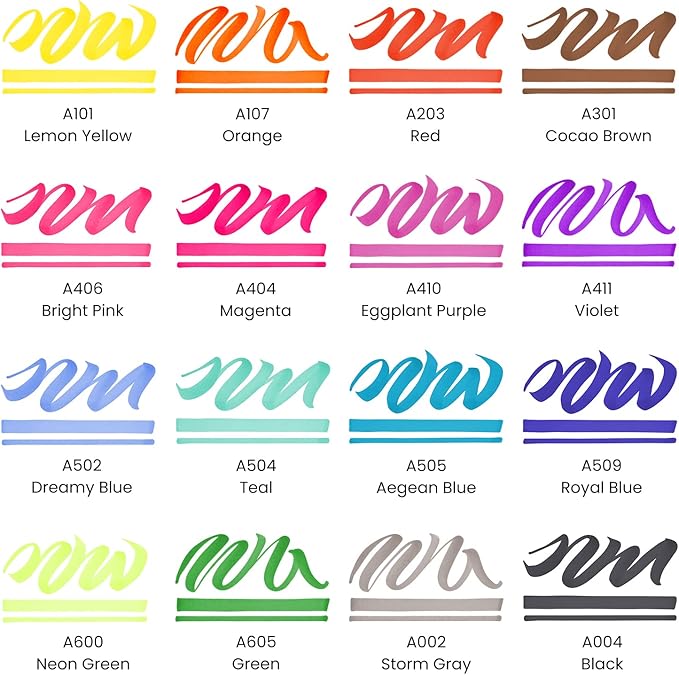 ARTEZA Colored Permanent Markers, Set of 16, Brush Tip Pens