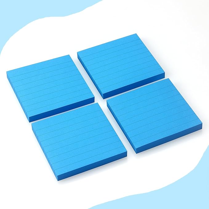 Lined Sticky Notes 3x3 Sticky Notes with Lines Self-Stick Notes Bright Color 4 Pads 90 Sheets/Pad (Blue)