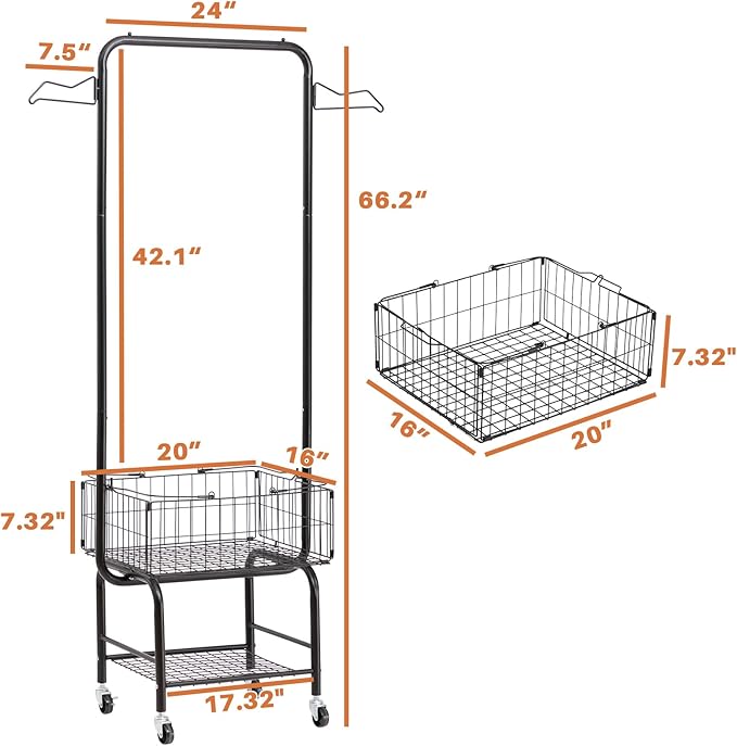 ALIMORDEN Laundry Cart with Clothes Rack, Cart with Extra Hanging Bar, Rolling Laundry Butler with Wire Storage Rack，Black