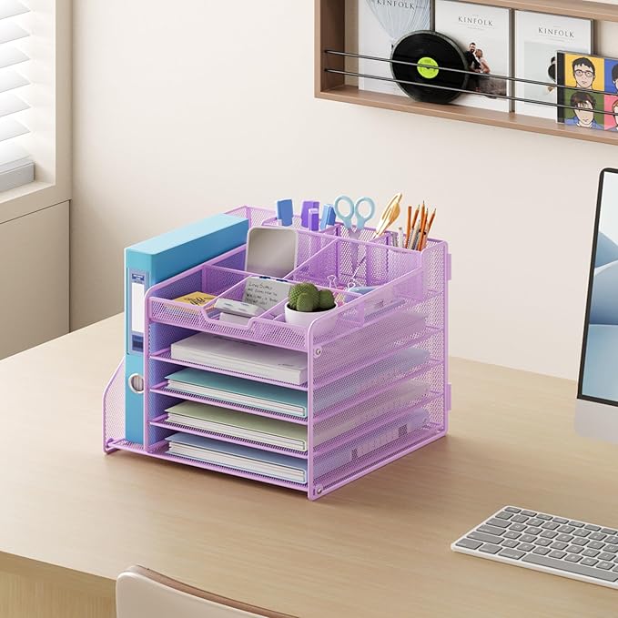 Lavatino 5-Tier Metal Mesh Desk Organizer with File Holder & 7 Customizable Compartments | Paper Letter Tray for Office or Home Desk Storage | Keep Workspace Supplies Neat & Organized, Purple