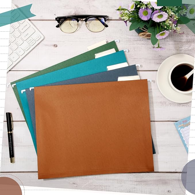 Yaomiao 24 Pack Hanging File Folders 3 Pleats Letter Size File Cabinet Folders with 1/5-Cut Adjustable Tabs Expandable Document Cabinet Colored for Home Desk Office Organization(Dark Color)