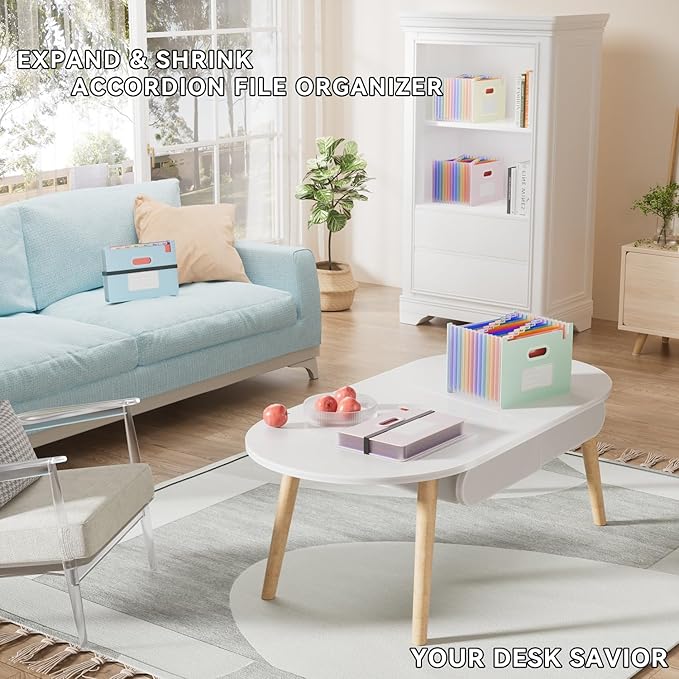 ThinkTex Accordion File Organizer, 12 - Pocket Expanding File Folders Upright & Open Top,for Paper Receipts, Bills&Taxes Organizer, Letter/A4 Size for School, Office, Home with Colorful tab-Light Blue