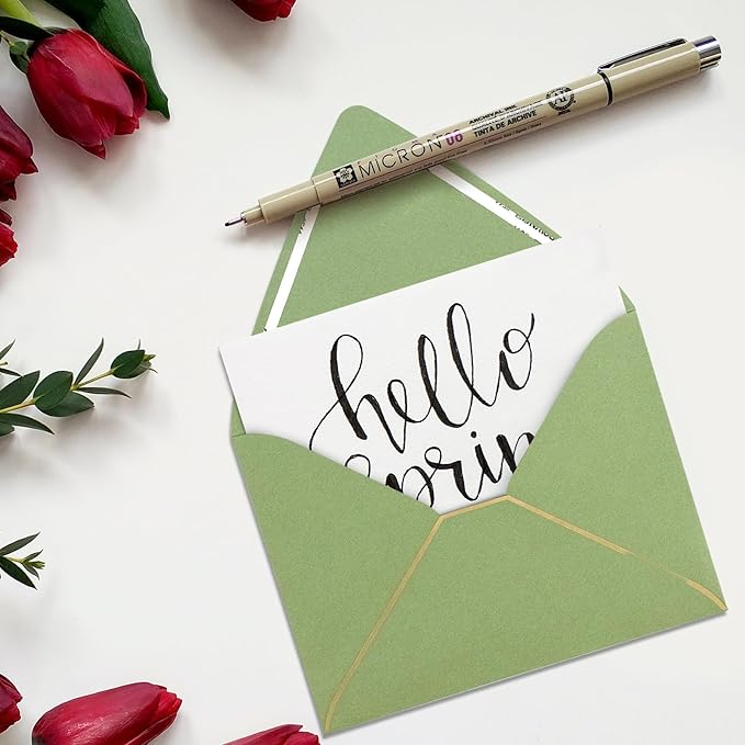 A7 sage green Envelopes 5 x 7 With Gold Border,- 25 Pack,For 5x7 Cards| Quick Self Seal| for Weddings, Invitations, Photos, Graduation, Baby Shower| Thick Luxury paper|5.25 x 7.25 Inches