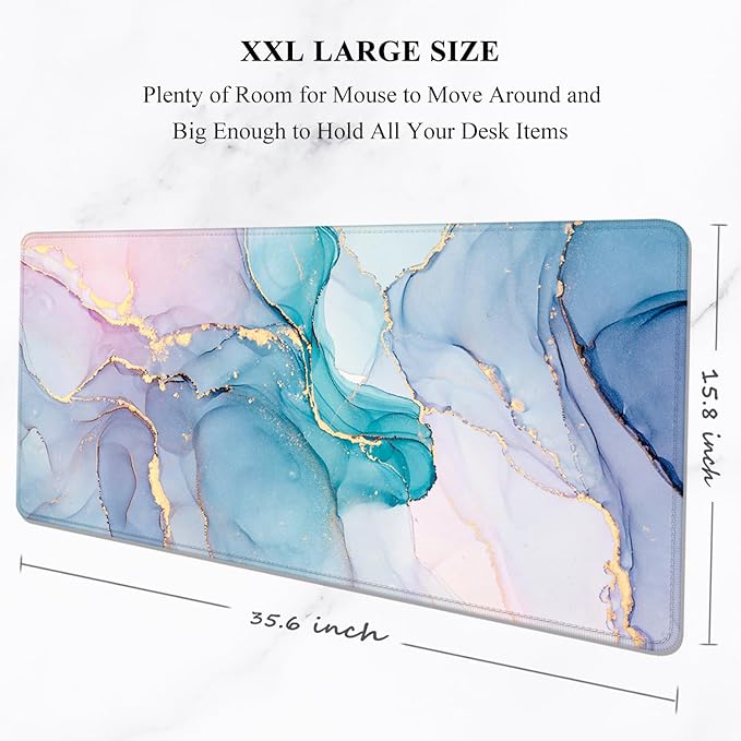 Auhoahsil Large Gaming Mouse Pad, Marble Theme XXL 35.4 x 15.7 in Desk Pad Stitched Non-Slip Rubber Long Computer Mousepad Thin Extended Full Size Desk Mat for Desktop Laptop Wireless Mice, Teal Pink