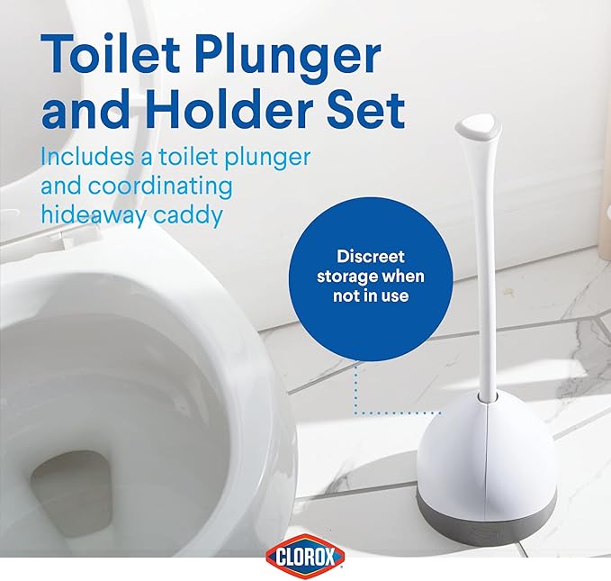 Clorox Toilet Plunger with Hideaway Caddy, Set of 2 – for Bathroom Organization and Storage, Bathroom Accessories, Toilet Unclogger, with Holder, White
