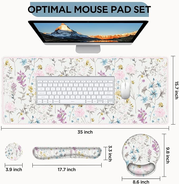 AIMSA Large Mouse Pad and Keyboard Wrist Rest, Desk Pad for Keyboard and Mouse, Large Gaming Mouse Pad with Wrist Support Combo, Desk Mat for Study Game, Wildflower Floral
