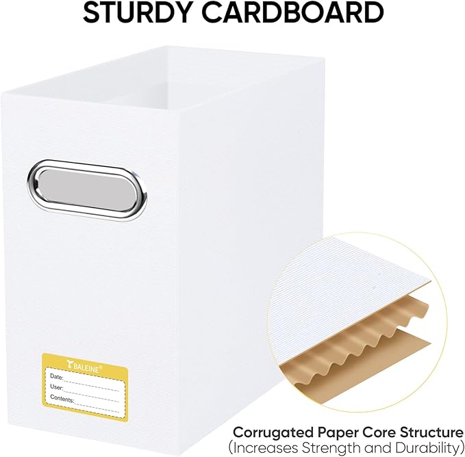 BALEINE File Organizer Box, Cardboard File Folder Organizer with Handle for Letter Size, Portable Collapsible Hanging Filing Box for Home Office Document Storage (4 Pack, White)
