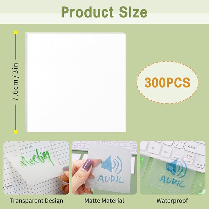 NatureTouch 6 Pack Clear Sticky Notes - Tear-Off Transparent Set for School, Office, Frosted
