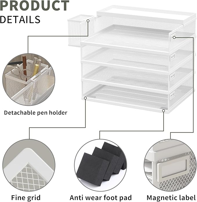 Metal Stackable Letter Trays, 4-Tier Desk Organizer & Paper Trays for Office, Stackable File & Document Tray with Magnetic Labels,White