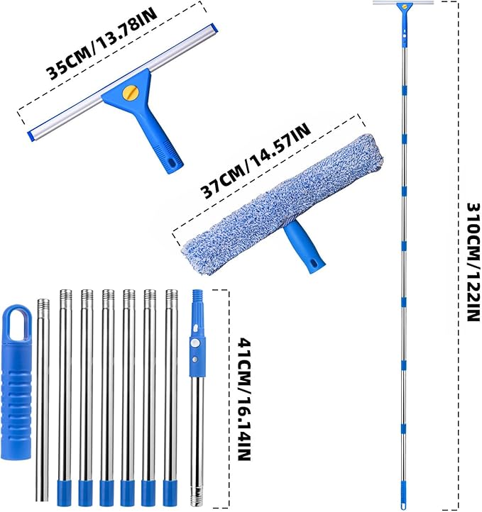 MRDARENSU Professional Window Cleaning kit, 2-in-1 Window Squeegee with 122" Extension Poles, Suitable for Indoor & Outdoor Windows, High Glass, High Windows, Multi-Purpose Car Windshield Cleaning