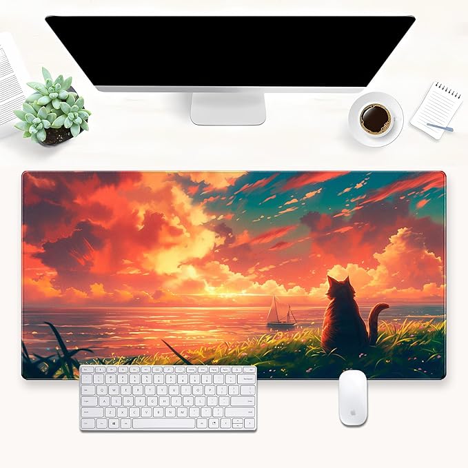 Cute Cat Anime Sunset Ocean Large Gaming Mouse Pad - 31.5x15.7 Inch XL Extended Desk Mat for Keyboard & Mouse, Kawaii PC Desktop Decor