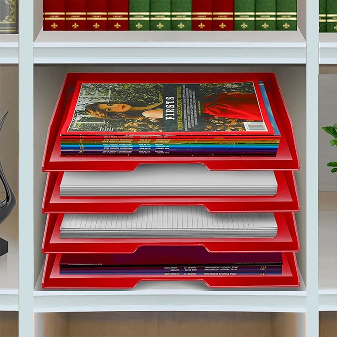 Acrimet Stackable Letter Tray 4 Tier Side Load, Plastic, Desktop File Organizer (Solid Red Color)