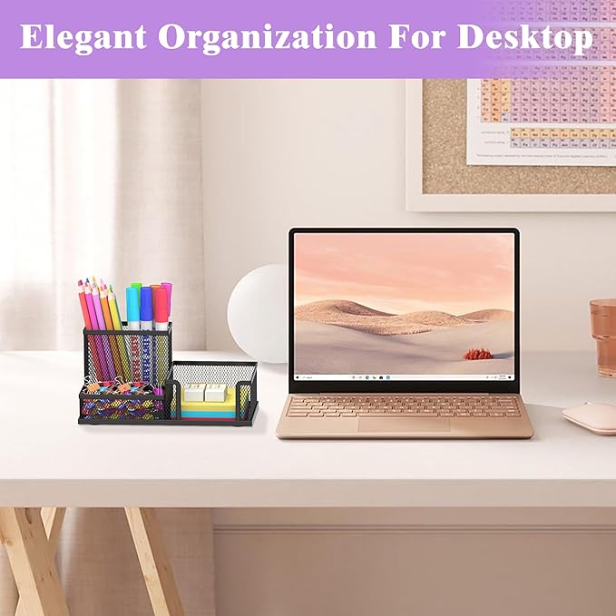 SUPEASY Pen Holder Desk Organizer, Office Supplies Pencil Holder with 3 Compartments, Desk Accessories and Workspace Organizers for Home School, Black