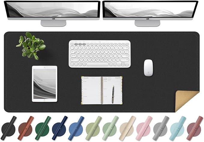 BLESWIN Large Desk Pad Mat 47.2"" x 17"", Office Desk Mat, Non-Slip PU Leather & Cork Desk Blotter for Keyboard and Mouse, Large Desk Mat, Large Mouse Pad for Office & Home(Black)