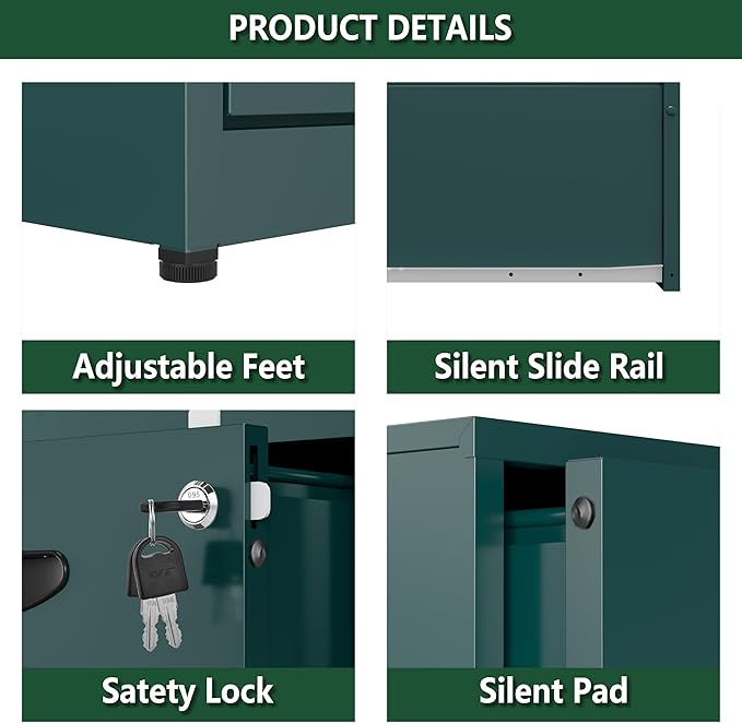 2 Drawer File Cabinet with Lock, Office File Cabinet with Drawers for Under Desk, Small Filling Cabinet for Home Office, Green, Assembly Required