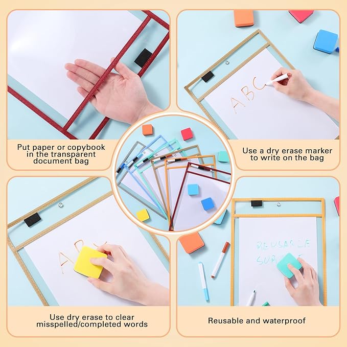 24 Pack Dry Erase Pocket Reusable Sleeves 10" x 14" Clear Plastic Sheet Protectors with Dry Erase Markers and Mini Sleeves Paper Teacher Supplies (Light Boho)