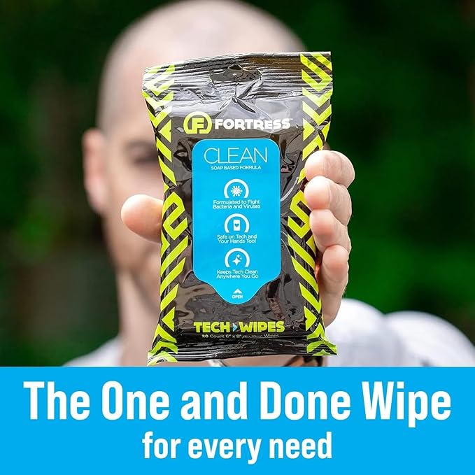 Fortress Electronic Wipes With Microfiber Cloth (25 ct, Pack of 24) To-Go Tech Wipes for Screens, Phones, Keyboards, TV Monitors, Computer Screens, and More [Travel Size] Skin-Safe