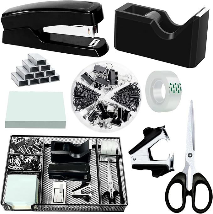 Black Office Desk Accessories, Black Office Supplies Set, Desk Drawer Organizer,Stapler and Tape Dispenser Set,Tape,Staple Remover, Staples, Paper Clips, Scissor and Sticky Note (Black)