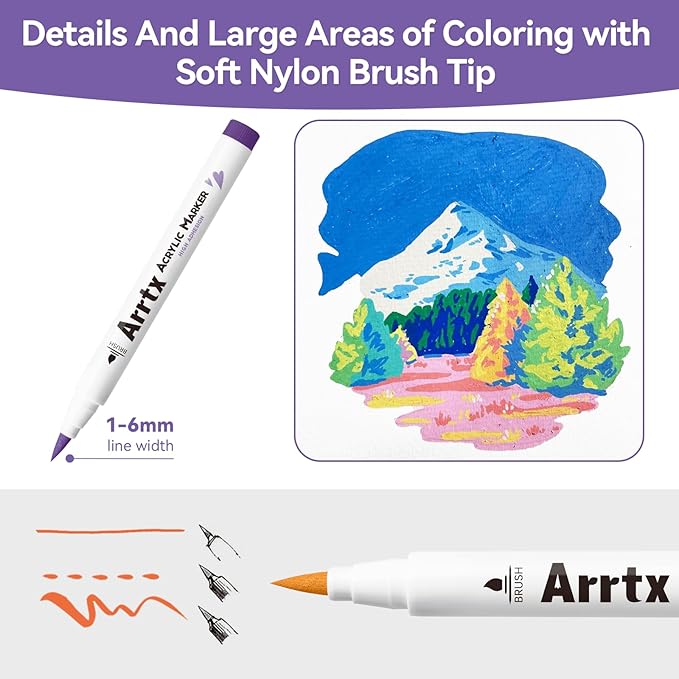 Arrtx Acrylic Markers Basic Series 48 Colors,Brush Tip Acrylic Paint Pens for Rock Painting,Glass,Stone,Wood,Ceramic,Fabric,DIY Crafts & Art Supplies