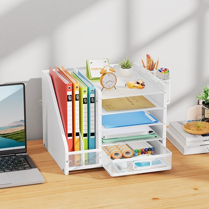 Marbrasse Desk Organizer with File Holder, 5-Tier Paper Letter Tray Organizer with Drawer and 2 Pen Holder, Mesh Desktop Organizer and Storage with Magazine Holder for Office Supplies (Wood-White)