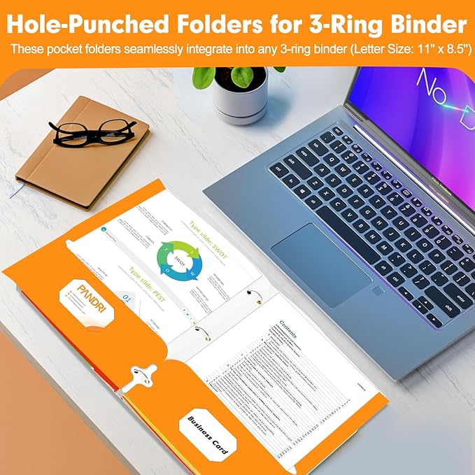 Two Pocket Portfolio Folders, PANDRI 60 Pack 3 Hole Punched 2 Pocket Folders for 3 Ring Binder, Letter Size Paper File Folder for School Office Home Business, Orange