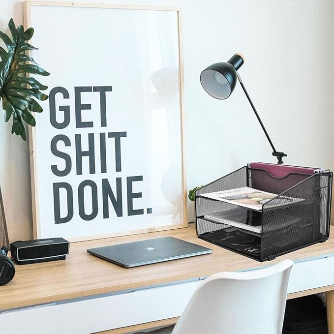 EASEPRES Mesh File Organizer, Desktop Hanging File Holder with 3 Paper Letter Tray and 1 Vertical Upright Compartment, Black